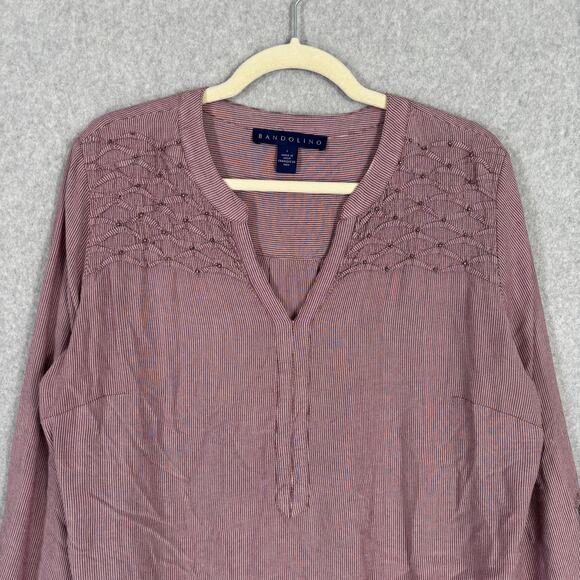 Bandolino Blouse Womens Large Pink Striped Beaded Popover Tunic Long Sleeve - Picture 2 of 11